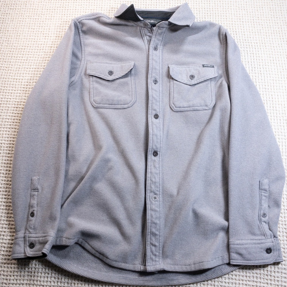 Eddie Bauer Mens Medium Grey Micro Ribbed Fleece Button Up Shirt Jacket